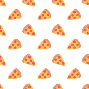Pizza slice with pepperoni seamless pattern. Italian food background. Simple doodle, hand drawn kitchen wallpaper. Flat vector illustration.
