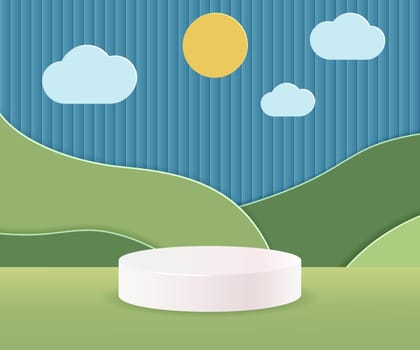 White cylinder podium on green nature hills landscape with sun, clouds.3d Paper cut abstract minimal geometric shape template background.Vector
