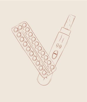 Pregnancy or ovulation test and birth control pills composition drawing on beige background
