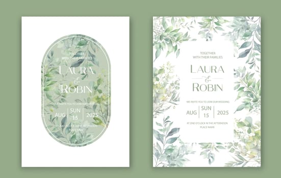 Green watercolor botanical leaves Wedding Invitation Card Design, Colorful Spring Floral Invitation Card