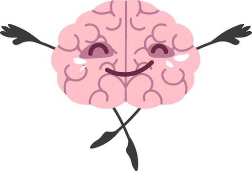Mindfulness and peace, mind character reaching zen. Meditating brain personage balancing with closed eyes, mental health and understanding of emotions. Funny and calm mascot. Vector in flat style