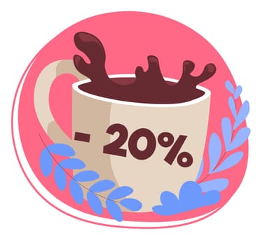 Tasty brewed beverage with caffeine in a coffee shop, cafe or restaurant. Sale and discounts for clients, drinks served in mug. Promotional banner with floral decoration. Vector in flat style