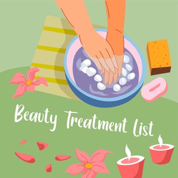 Spa salon procedures and beauty treatment list for women. Pampering hand skin, moisturizing effect for palms and fingers. Cold bath with ice, manicure and pedicure promotion. Vector in flat style