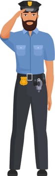 Standing policeman in working uniform. Police officer in blue clothing cartoon vector illustration