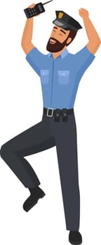 Excited policeman with walkie talkie. Happy police officer in working uniform cartoon vector illustration
