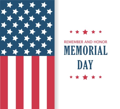 Memorial Day . Remember and honor .American national holiday. Invitation template with blue text and us flag on white background. Vector