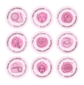 Sticker design set for skin care products. Tag for face treatment, unclog pores and reduce blackheads, vector illustration. Anti aging formula sign at hydrating face mask label, dermatologist proven