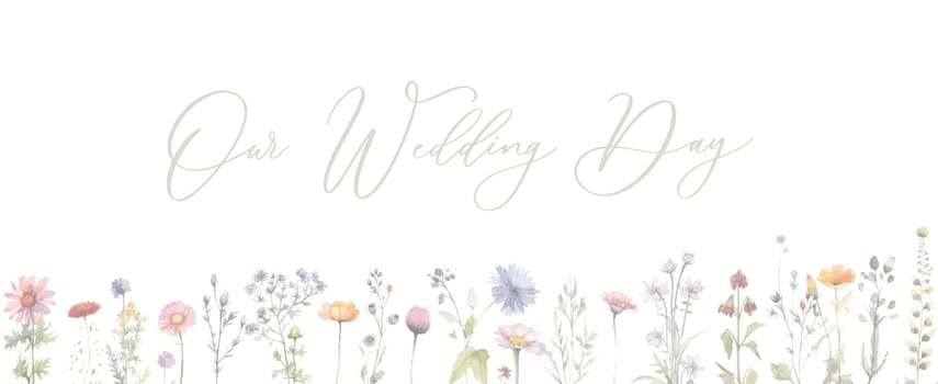 Wedding Timeline menu on wedding day wild herbs and flowers. Our wedding day calligraphy inscription with watercolor illustration