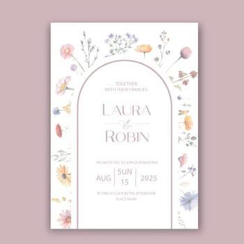 Beautiful wild herbs and flowers frame background for wedding invitation