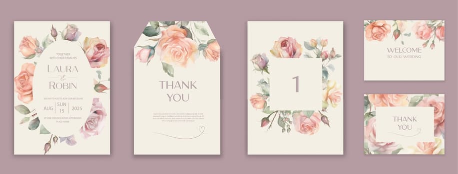 Wedding Invitation Card Design with watercolor wild herbs and flowers