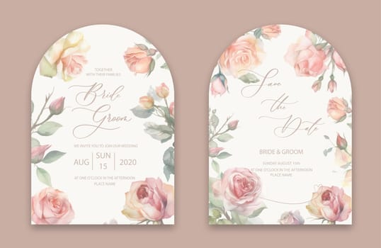 Wedding Arch Invitation with watercolor wild herbs and flowers. Abstract floral art background vector design for wedding and vip cover template