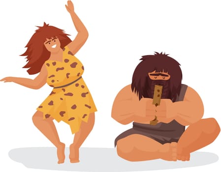 Stone age couple having fun. Primitive amusement activities, ancient lifestyle cartoon vector illustration