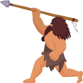 Strong caveman hunting with arrow. Primitive hunter with weapon cartoon vector illustration
