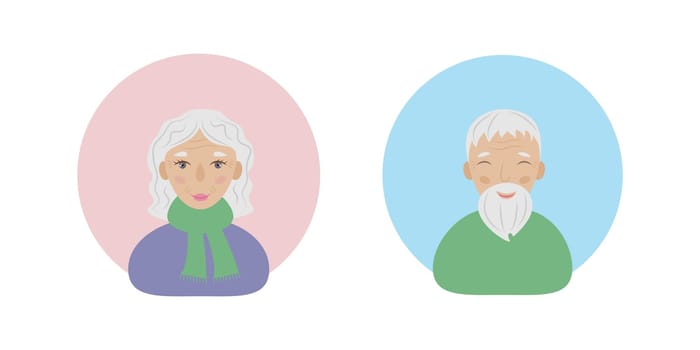 Elderly people avatar. Grandfather and grandmother. Old people with gray hair. Vector illustration.