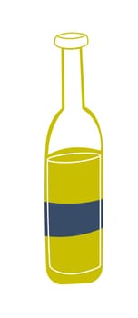 Refreshing drink or bottle of alcoholic beverage with label. Isolated product for dinner, lunch or breakfast. Liqueur for preparing cocktails and servings. Bar or restaurant. Vector in flat style
