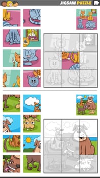 Cartoon illustration of educational jigsaw puzzle games set with cats and dogs characters