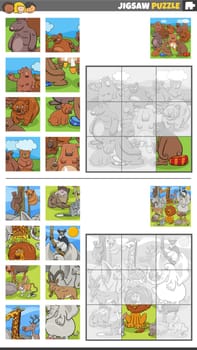 Cartoon illustration of educational jigsaw puzzle games set with wild animal characters