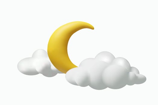 3D render partly cloud crescent weather. Realistic vector illustration. Clouds and moon in plastic style. Meteorology forecast about night. Symbol of bedtime and dream. Astronomy space element