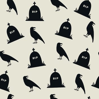 Tombstones and Crows seamless pattern. Halloween attributes. Black hand drawn elements on grey background. Vector illustration