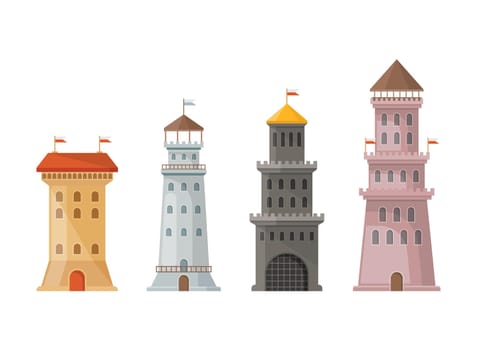 Castle tower icon in flat style. Medieval citadel vector illustration on isolated background. Stronghold building sign business concept.