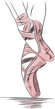 Hand drawn sketch of Ballerina pointe shoes, Feet in shoes of ballet class. Ballerina in pointe in a pose on one leg, graphic sketch illustration