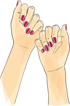 Beautiful woman hand with long red nails manicure, nail polish salon, vector sketch illustration.