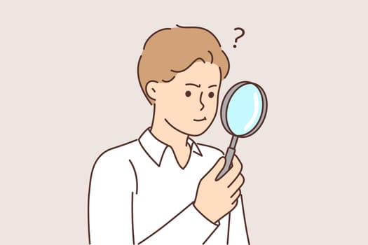 Man with magnifying glass works as private detective and tries to find small clues with loupe. Inquisitive guy studies miniature objects under magnifying glass or looks for lost thing.