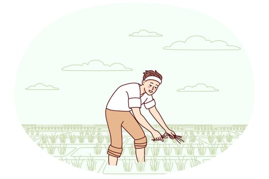 Young man working in field in countryside. Male farmer busy in cropland on harvest season. Agriculture and farming. Vector illustration.