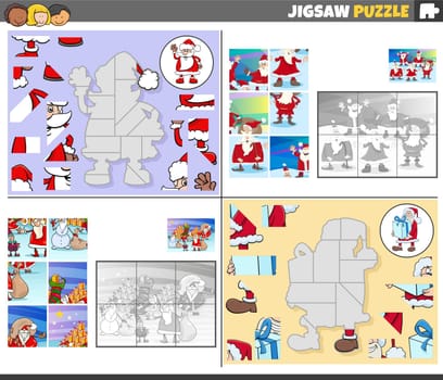 Cartoon illustration of educational jigsaw puzzle games set with Santa Clauses Christmas characters