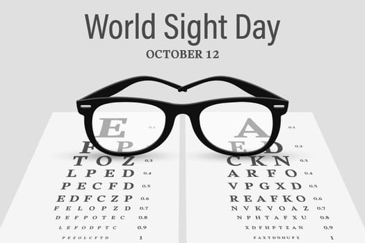 World Sight Day October 12th. Glasses against the background of a Snellen chart for testing visual acuity. Ophthalmology, healthcare and medicine. Illustration, banner, vector