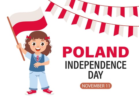 Polish Independence Day. Cute little girl with Polish flag. Poland Independence Day banner. Illustration, poster, vector
