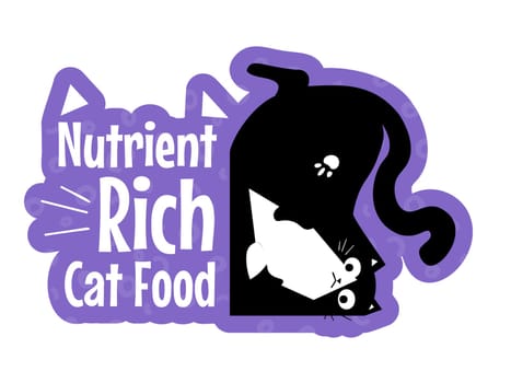 Cat food rich in nutrients and microelements. Dieting and nourishment for feline mammals, products for pet kitty living at homes. Isolated label or sticker, logotype of patch. Vector in flat style