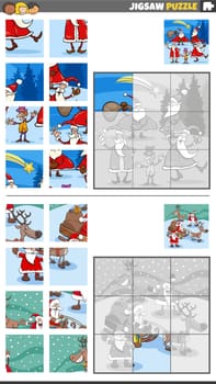 Cartoon illustration of educational jigsaw puzzle games set with Santa Clauses on Christmas time