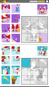 Cartoon illustration of educational jigsaw puzzle games set with Santa Clauses on Christmas time