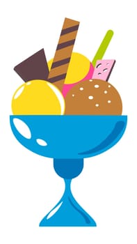 Frozen dessert in a cup, isolated ice cream cones, waffles and cookies, candies, and chocolate. Soft refreshing meal for summer and heat season. Cold yogurt and tasty food. Vector in flat style
