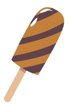 Tasty ice cream dessert on a wooden stick, isolated chocolate gelato with a creamy base. Refreshing summer meal, diary products bought in a shop. Homemade caramel taste. Vector in flat style