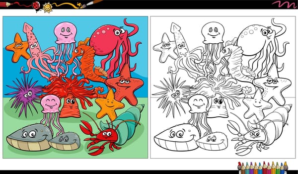 Cartoon illustration of fish and sea life animal characters group coloring page