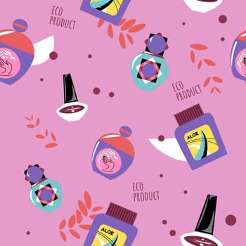 Healthy and organic ingredients, eco products in cosmetics. Bottled perfumes and nail polish, lotion and shampoo or cream. Seamless pattern, wallpaper or background print. Vector in flat style