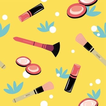 Powder and brush, cosmetic products and makeup treatment. Lipstick and toner, eco and healthy ingredients in content of gloss. Seamless pattern, wallpaper or background print. Vector in flat style