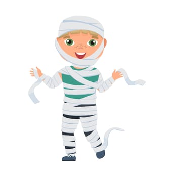 Halloween kid mummy. Trick or treat, children party with costumation vector cartoon illustration