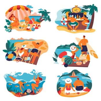 Vacation and relaxation by beach, people laying on sand sunbathing and tanning. Family and friends on weekends by sea talking and drinking cocktails in bar. Exotic country. Vector in flat style