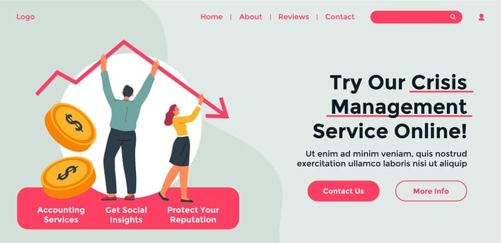 Financial tips and recommendations for crisis, management of budget and help with problems sorting. Economy fall and downsize. Website landing page template, online internet page. Vector in flat style