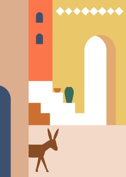 Cityscape of old city with ancient houses and buildings with stairs, windows and arches. Exterior and interior, Arabic country streets with design and traditional drawing on wall. Vector in flat style