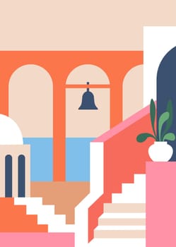Architecture interior and exterior of houses and homes in Greece. Mediterranean cityscape with stairs and houseplants decoration, domes and arches, bell for ringing. Vector in flat style illustration