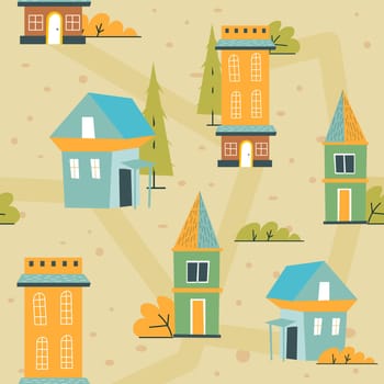 Countryside houses and buildings, rustic lifestyle and wooden homes exterior and facade. Village or small town architecture. Background or wallpaper print, seamless pattern. Vector in flat style