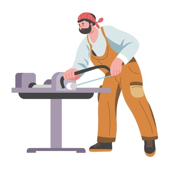 Woodworker male character wearing uniform and working on wooden material. Isolated man personage with saw cutting plank in pieces. Factory or industry production. Vector in flat style illustration
