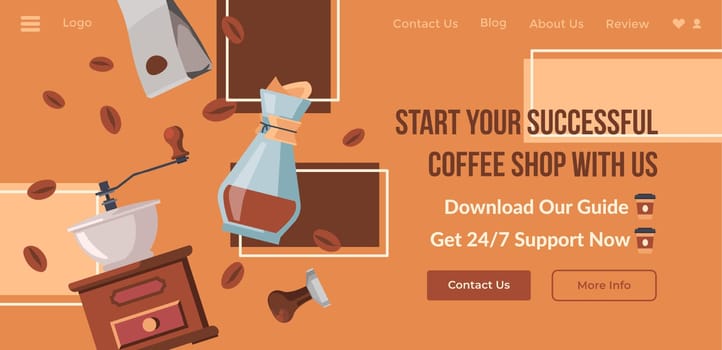 Successful coffee shop with us, start your business with tips and recommendations from specialists. Machine and grinder, fresh beverage. Website page, internet landing site template. Vector in flat