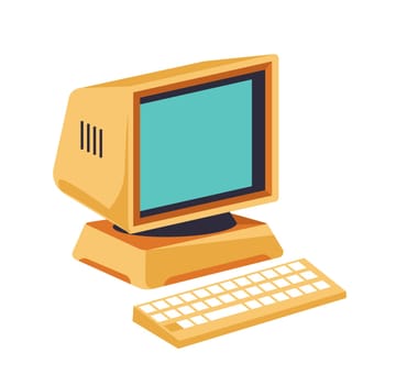 Old vintage computer with a thick screen and keyboard. Isolated icon of machinery for home or work usage. Gadgets and electronic appliances for playing games and working. Vector in flat style