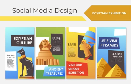 Social media set for egyptian exhibition promo. Ancient treasure collection at network banner collection, vector illustration. Culture museum promo at online web banner