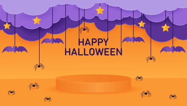 Happy Halloween banner or party invitation background with clouds,bats and spiders in paper cut style. Orange 3d podium for halloween. Vector